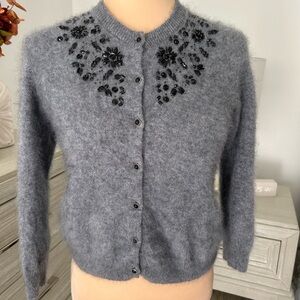 Autumn Cashmere Charcoal Cardigan with Jet Black Floral Accents